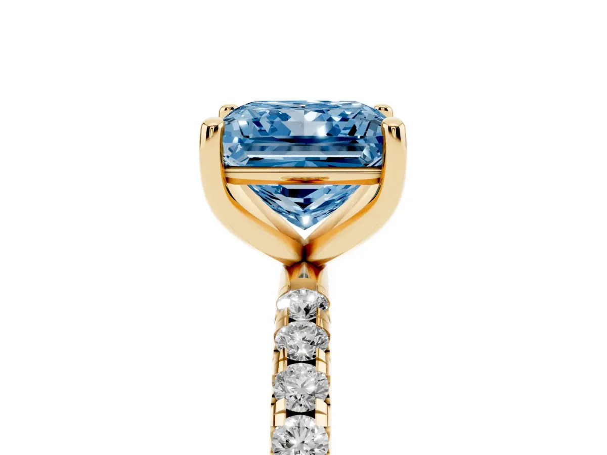 Fancy Blue Princess Cut Cut Diamond Solitaire Ring with Micro Pave Band and Four Prong Setting Yellow gold