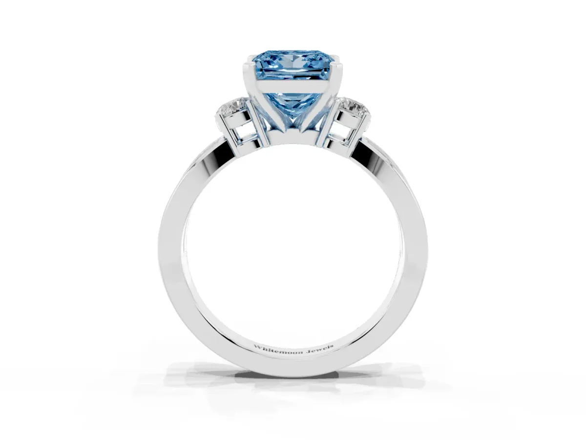 Fancy Blue Three-Stone Princess Cut Cut Diamond Twist Band with Prong Setting Silver