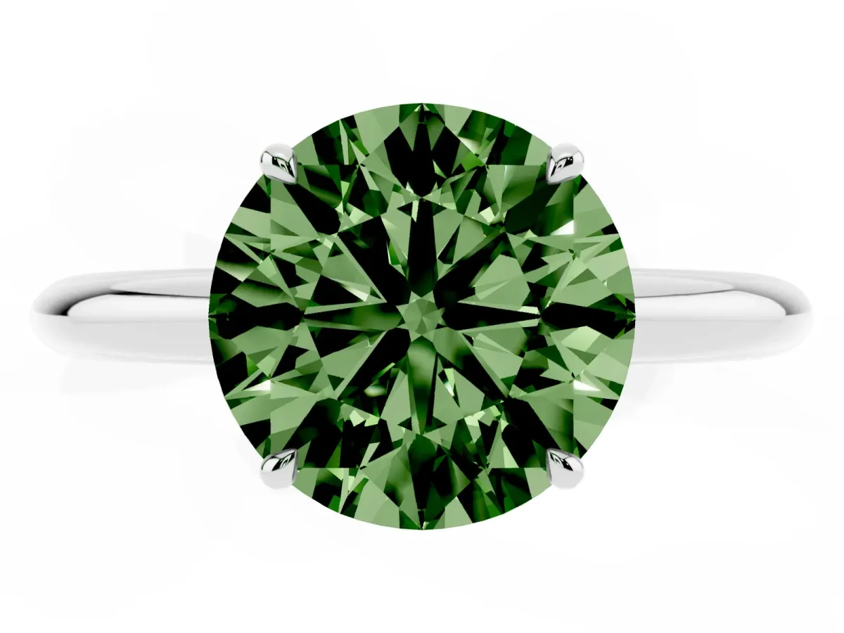 Fancy Green Round Cut Brilliant Solitaire Engagement Ring with Six-Prong Setting and Classic Band Silver