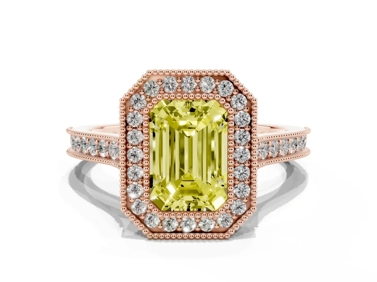 Fancy Yellow Halo Emerald Cut-Cut Diamond Pave Band Milgrain Prong Setting Ring Rose gold