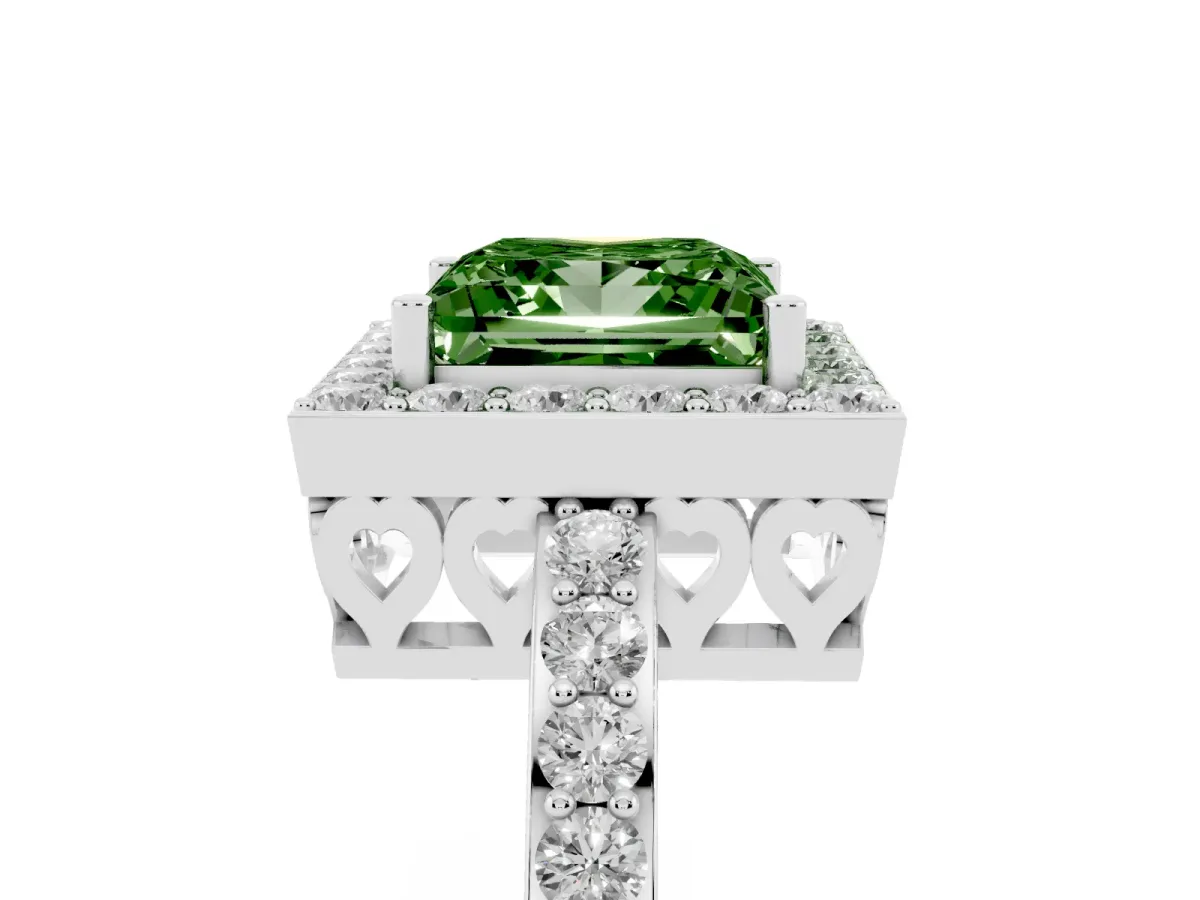 Fancy Green Princess Cut Halo Diamond Pavé Band Ring with Prong Setting Silver