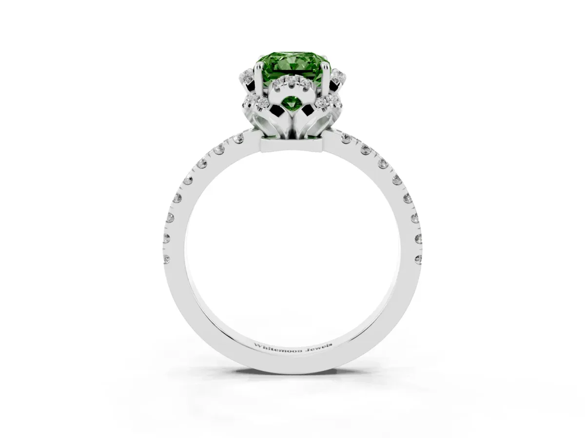 Fancy Green Radiant Cut Diamond Halo Pave Band with Four-Prong Setting Silver