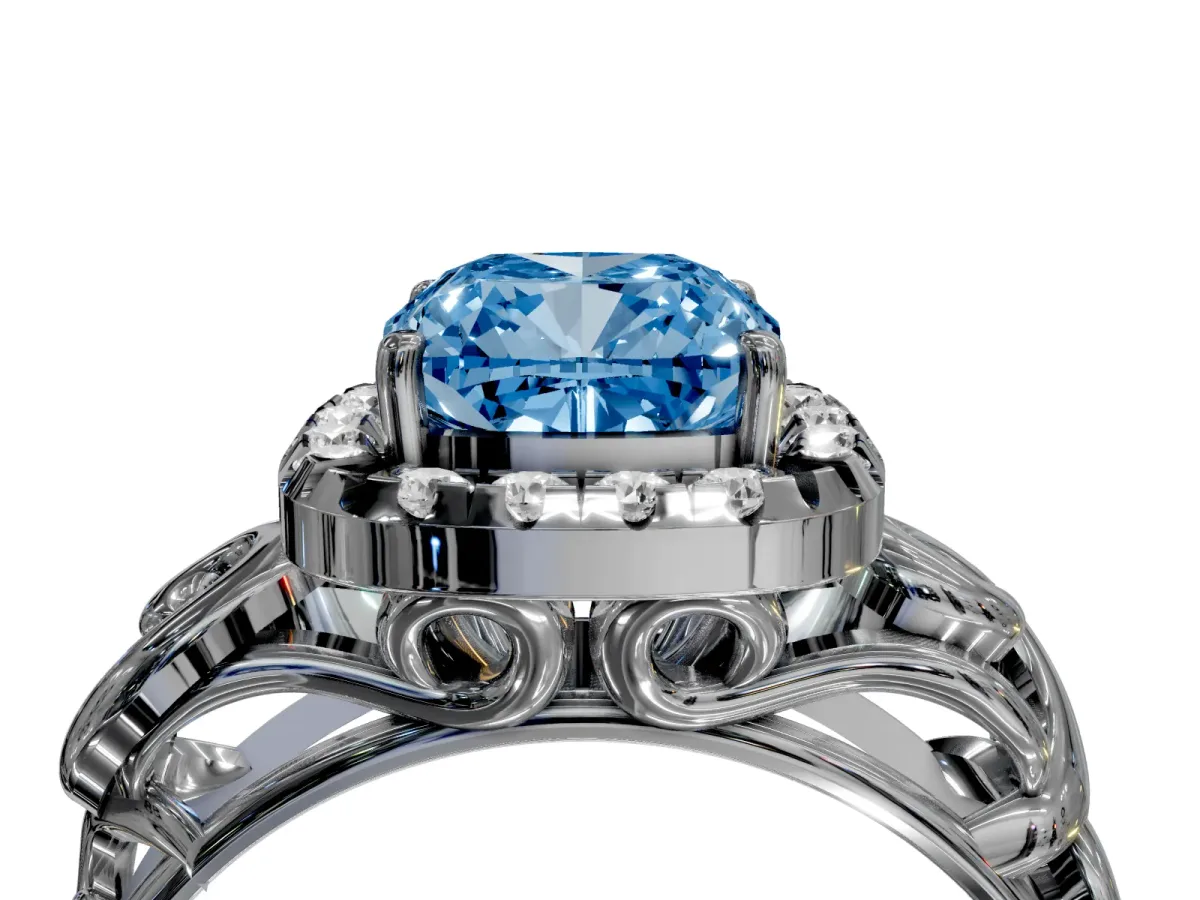 Fancy Blue Cushion Cut Cut Halo Diamond Ring with Scrollwork Band and Four-Prong Setting Silver