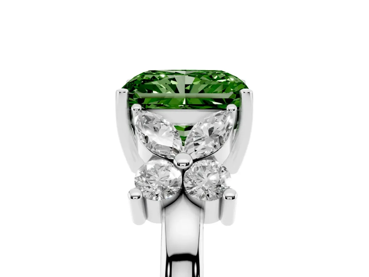 Fancy Green Radiant Cut Diamond Floral Cluster Ring with Solitaire Band and Prong Setting Platinum
