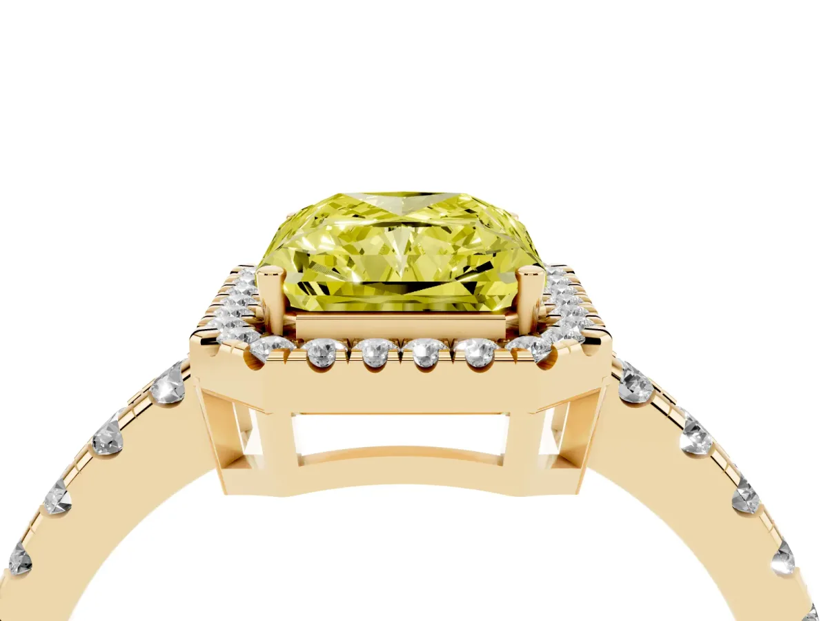 Fancy Yellow Radiant Cut Diamond Halo Ring with Pavé Band and Four-Prong Setting Yellow gold