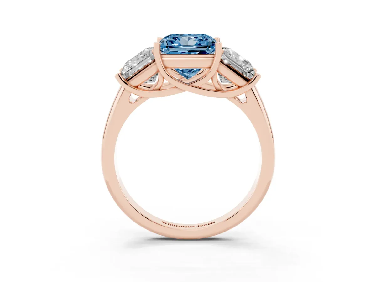 Fancy Blue Three-Stone Princess Cut Diamond Engagement Ring with Prong Setting Rose gold