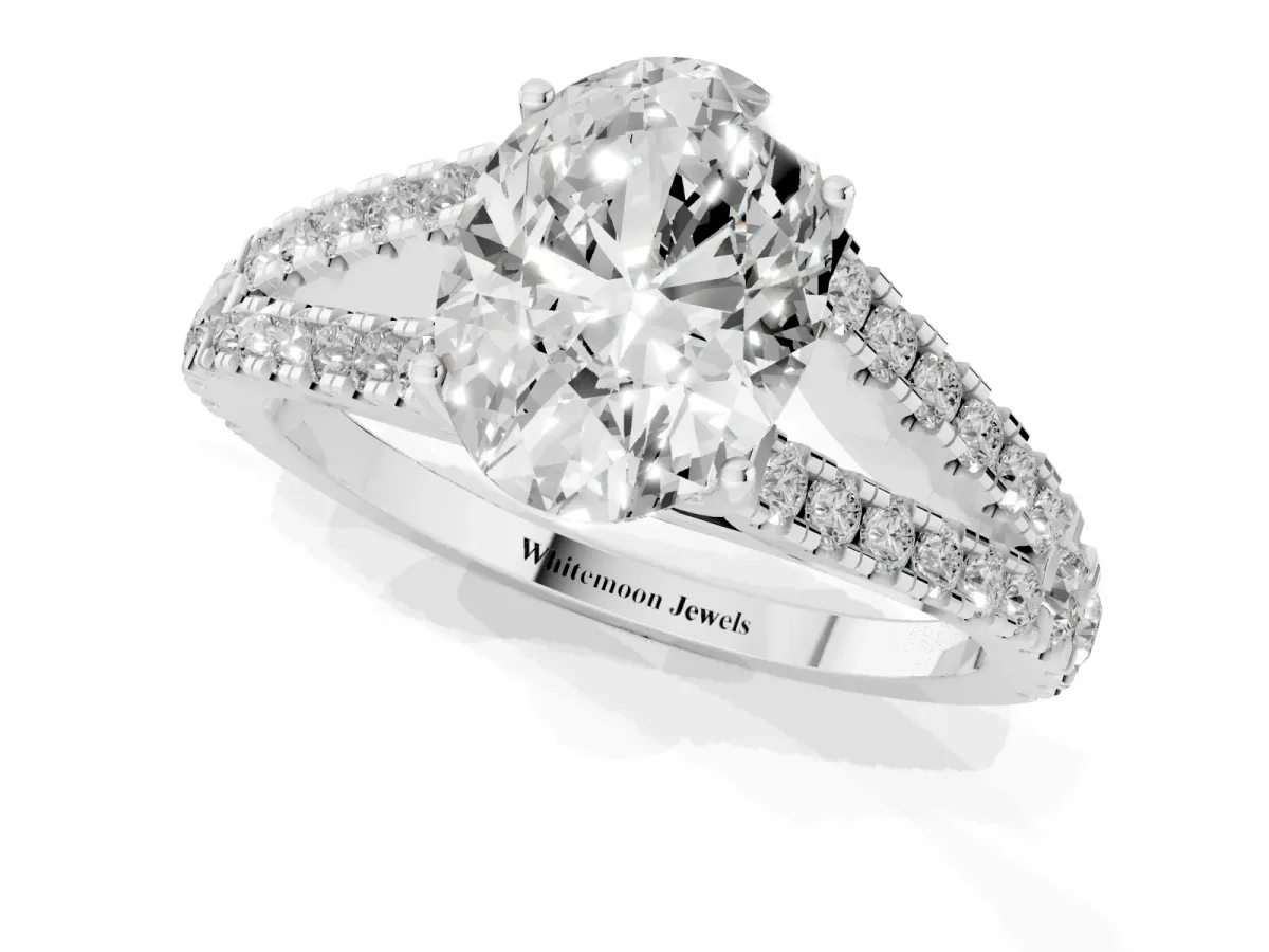 Oval Cut Diamond Split Shank Pavé Engagement Ring with Four-Prong Setting Platinum