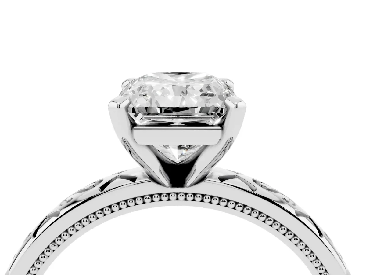 Radiant Cut Solitaire Engagement Ring with Scrollwork Band and Four-Prong Setting White gold