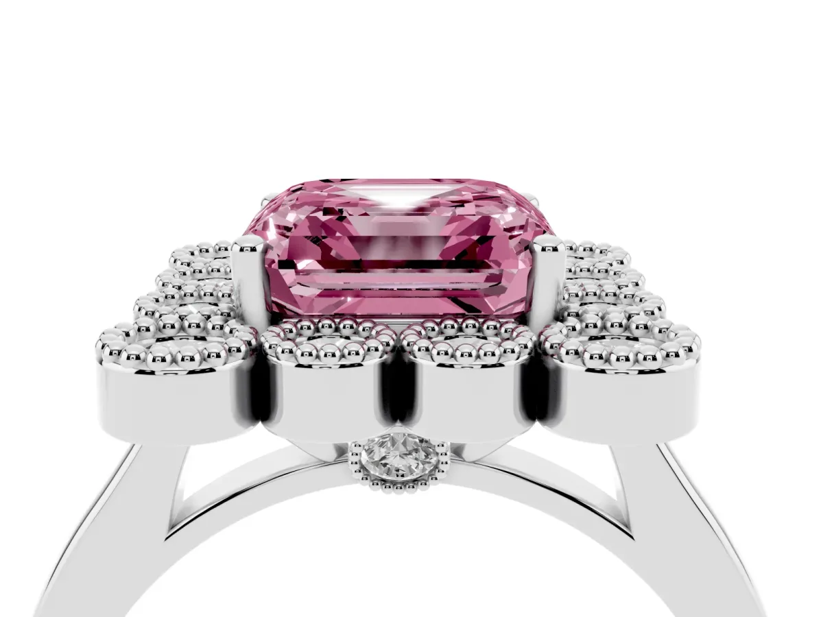 Fancy Pink Asscher Cut Halo Diamond Cluster Engagement Ring with Milgrain Bezel Setting and Solitaire Band Platinum
