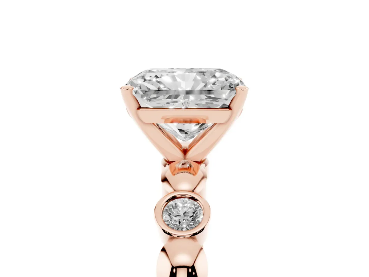 Radiant Cut Solitaire Bezel-Set Diamond Ring with Beaded Band and Four-Prong Setting Rose gold
