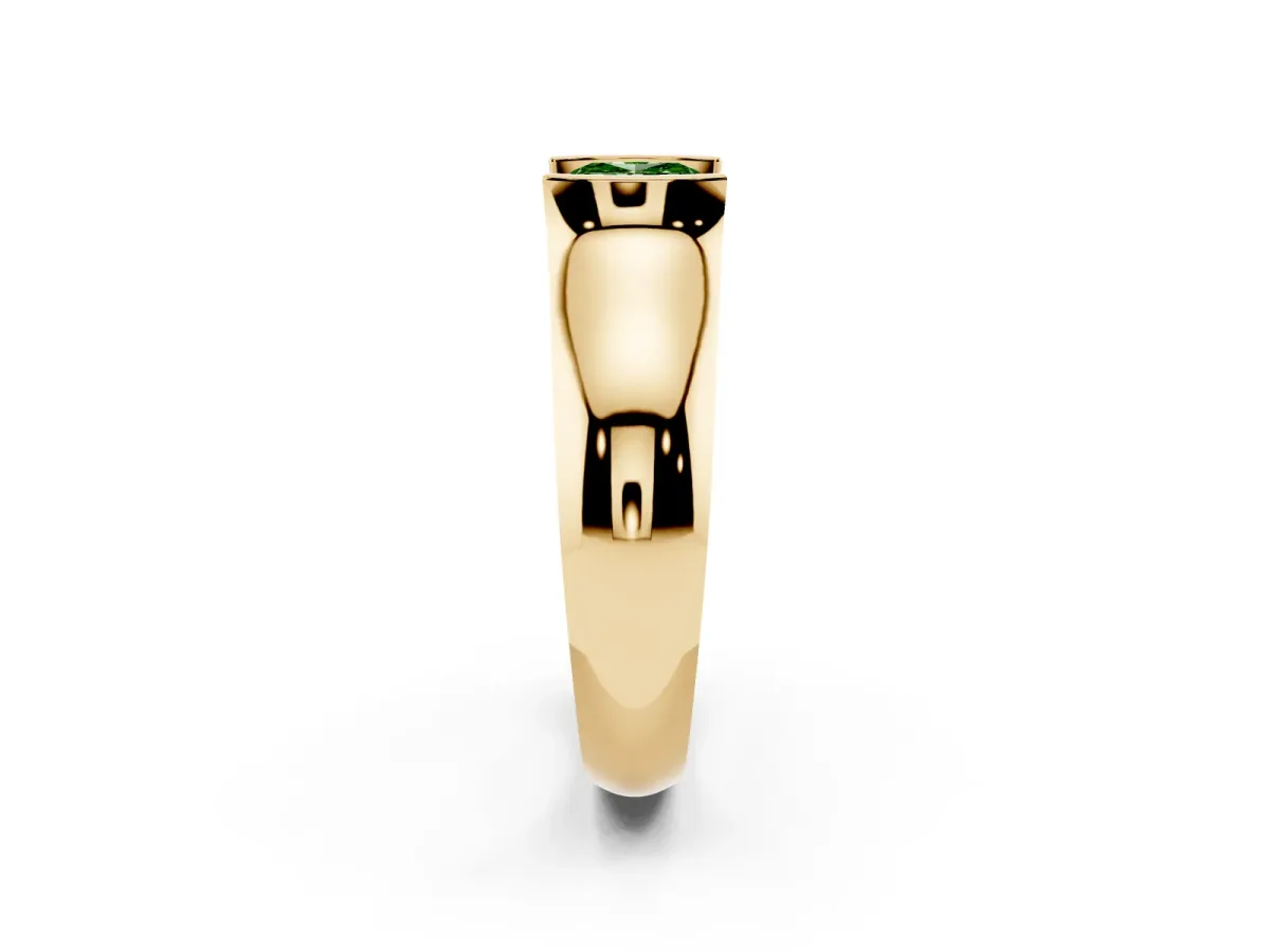 Fancy Green Cushion Cut Solitaire Bezel Set Diamond Ring with Wide Band Yellow gold