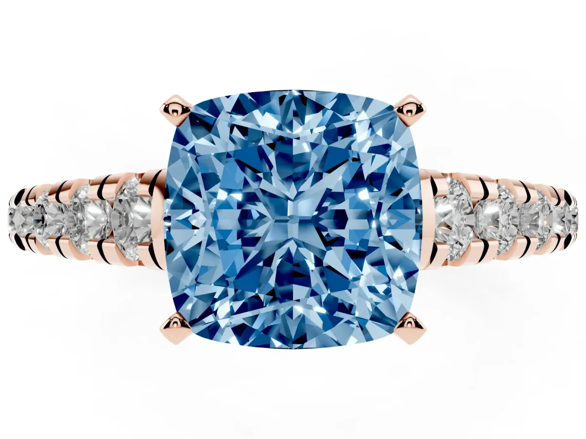 Fancy Blue Cushion Cut Diamond Cathedral Solitaire Ring with Round Pavé Band Rose gold