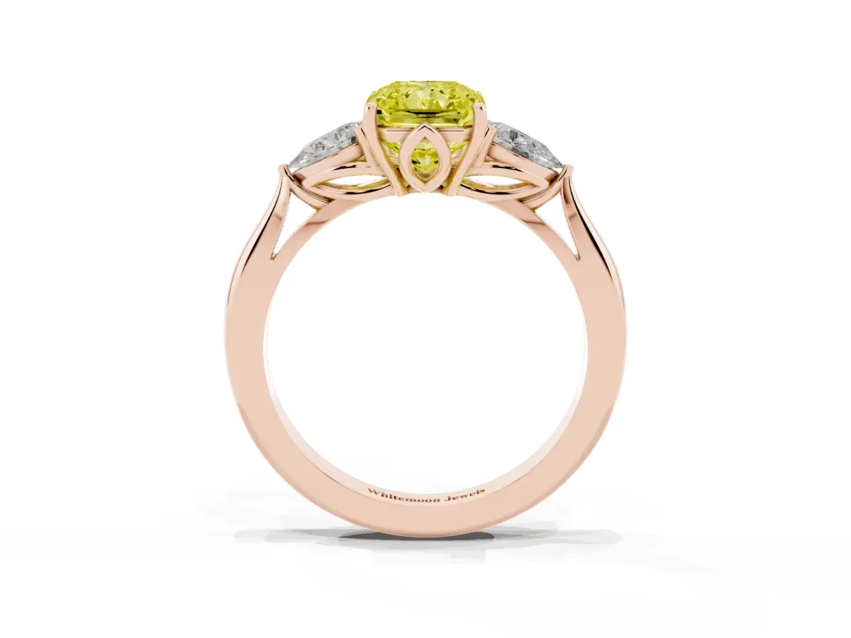 Fancy Yellow Three-Stone Radiant Cut Brilliant Diamond Solitaire Ring with Tapered Band and Four-Prong Setting Rose gold