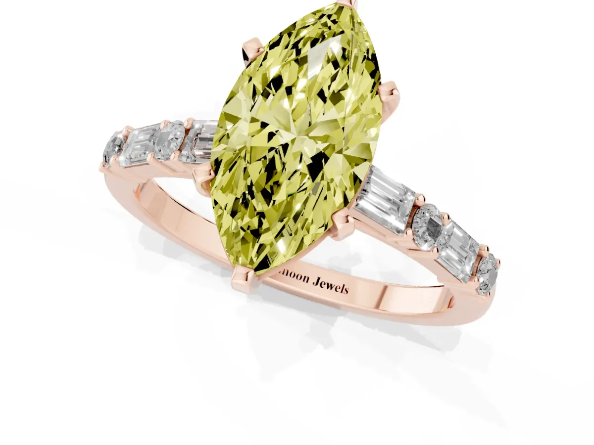 Fancy Yellow Marquise Cut Diamond Solitaire with Side Baguettes and Channel Set Band Rose gold