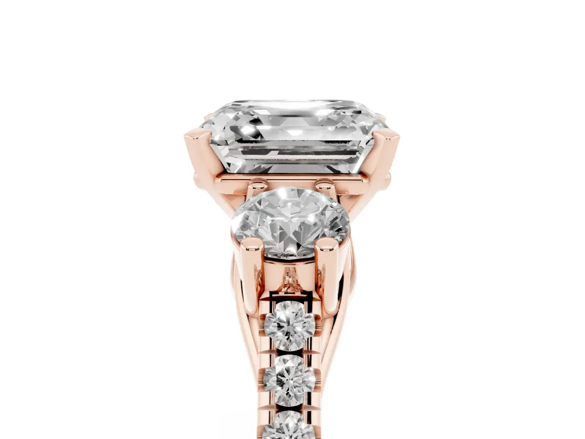 Three-Stone Asscher Cut Diamond Pavé Band with Four-Prong Setting Rose gold