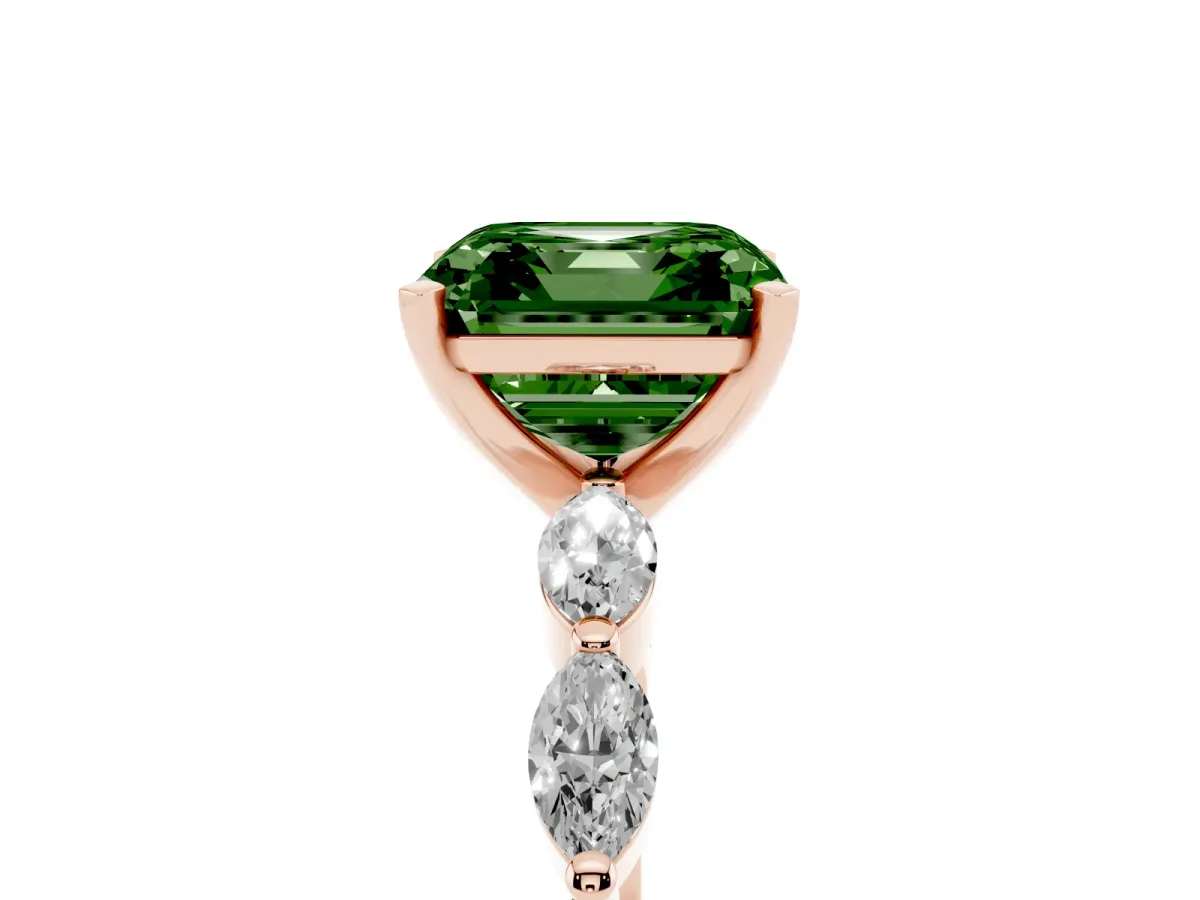 Fancy Green Asscher Cut Diamond Ring with Marquise Side Stones and Prong Setting Rose gold