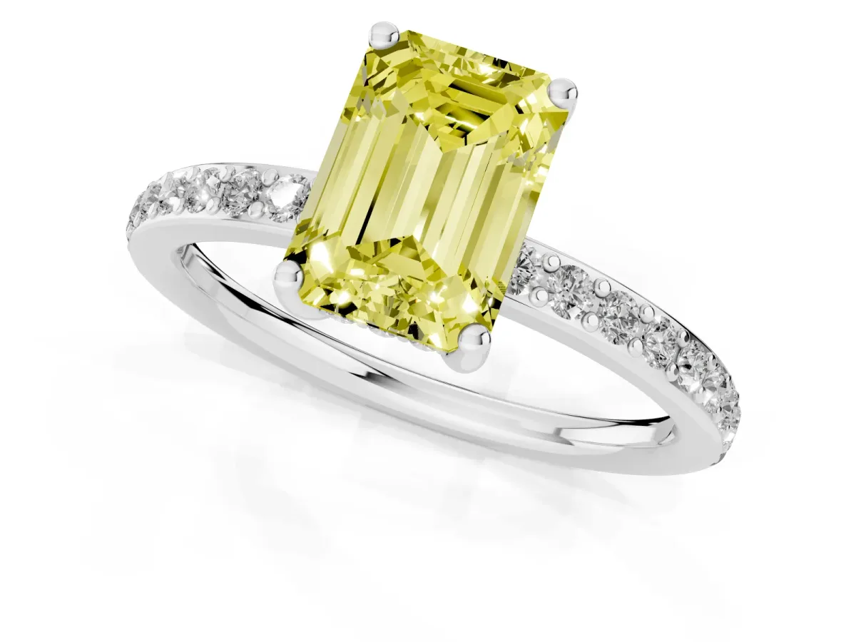 Fancy Yellow Emerald Cut Cut Diamond Pavé Band Ring with Four-Prong Setting Silver