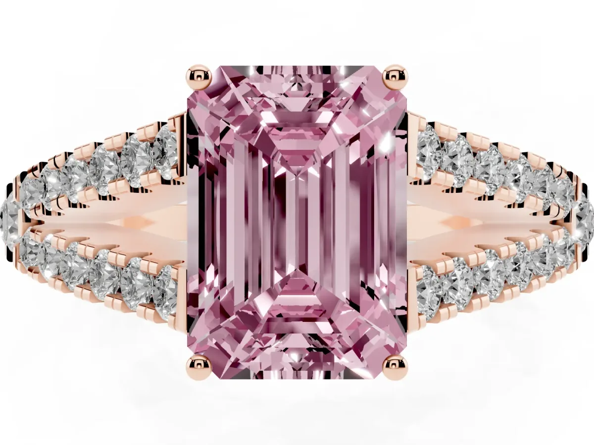 Fancy Pink Emerald Cut Diamond Split Shank Engagement Ring with Round Pavé and Prong Setting Rose gold