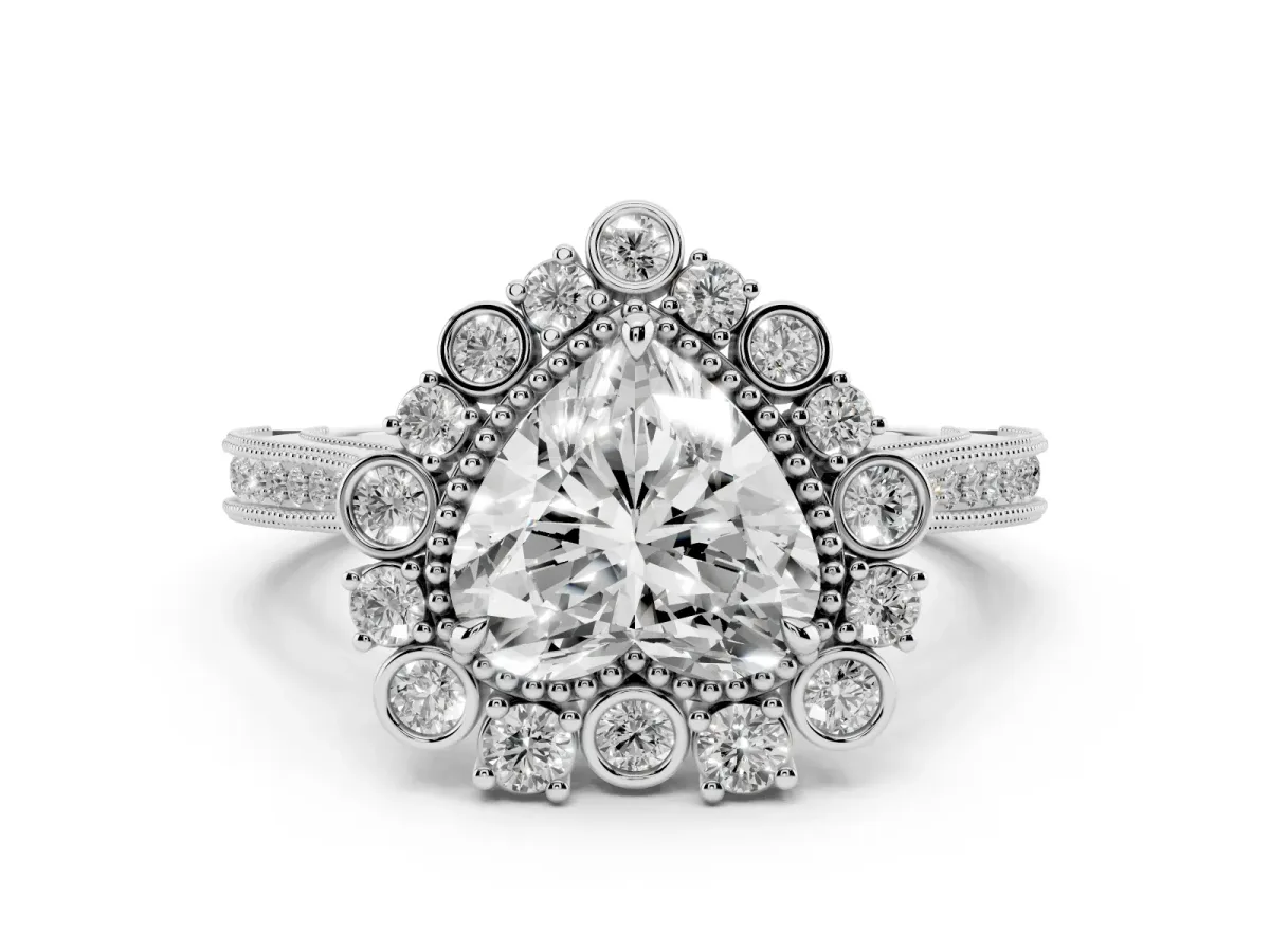 Heart Cut Halo Milgrain Pave Diamond Ring with Four-Prong Setting Silver