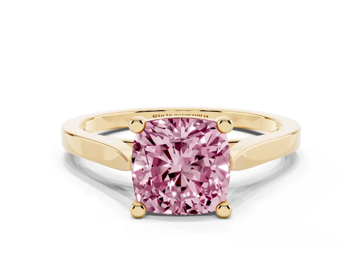 Fancy Pink Cushion Cut Solitaire Diamond Ring with Four-Prong Setting and Tapered Band Yellow gold