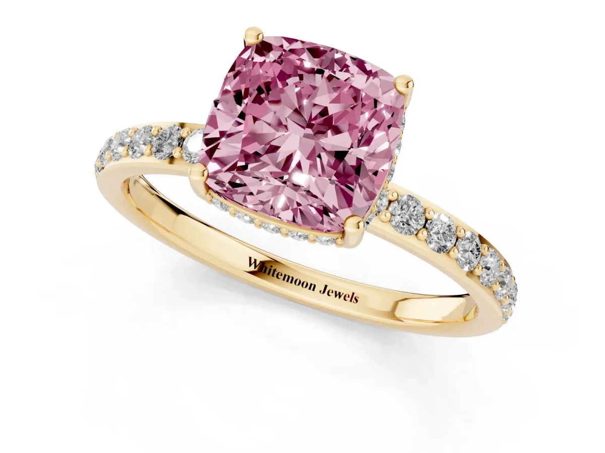 Fancy Pink Cushion Cut Diamond Solitaire Ring with Pavé Band and Hidden Halo Yellow gold