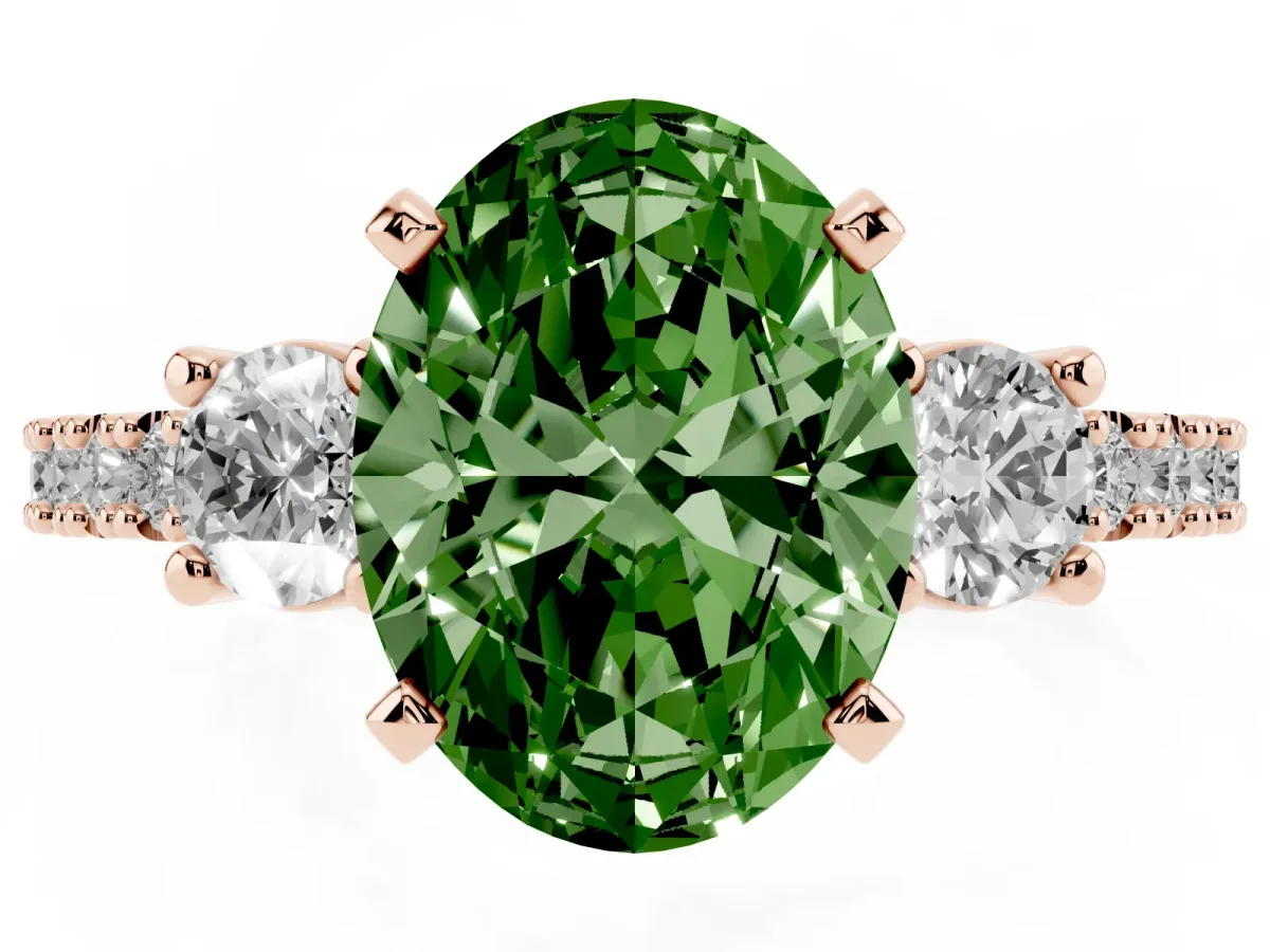 Fancy Green Oval Cut Three-Stone Diamond Pavé Band with Prong Setting Rose gold