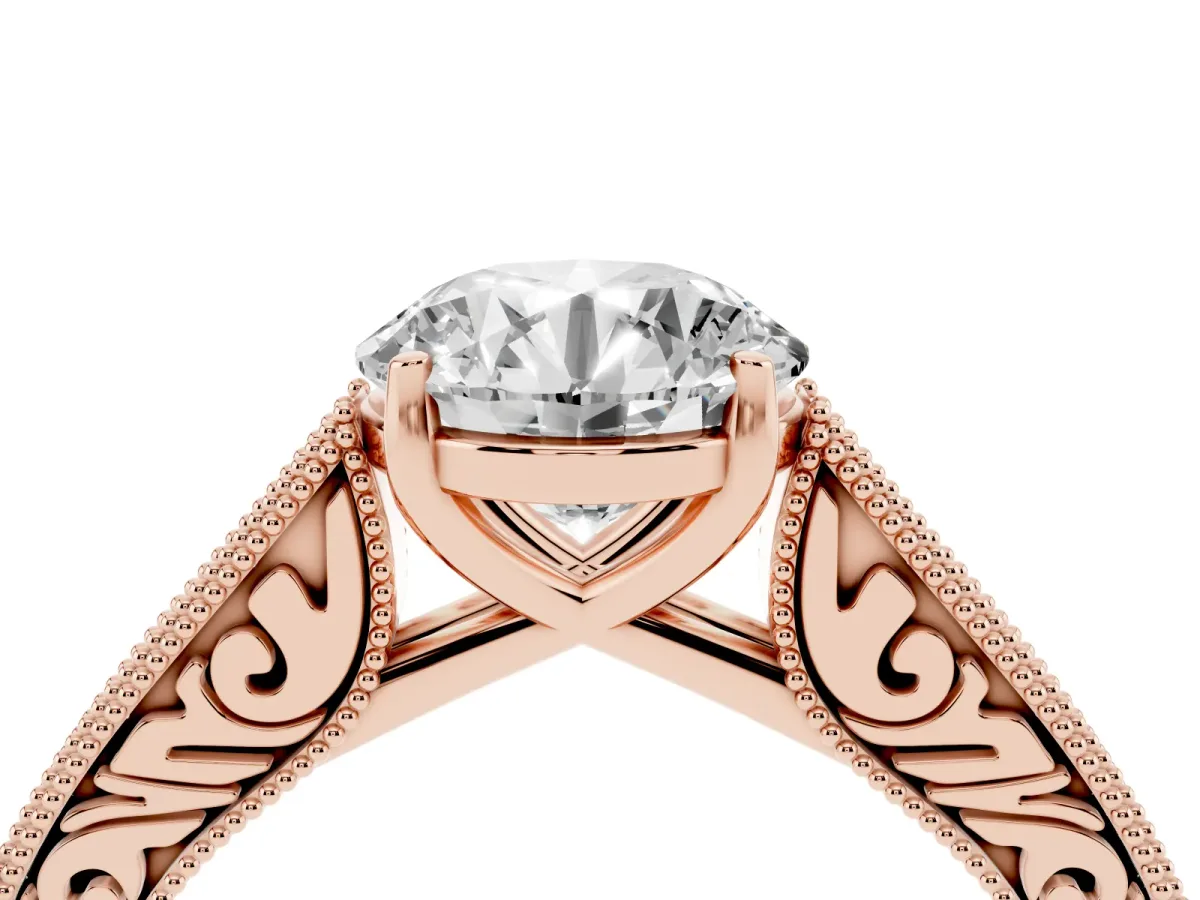 Round Cut Cut Pave Band Milgrain Solitaire Ring Rose gold
