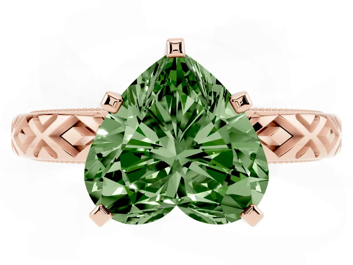 Fancy Green Heart Cut Solitaire Diamond Ring with Milgrain and Black Enamel X Pattern Band Rose gold