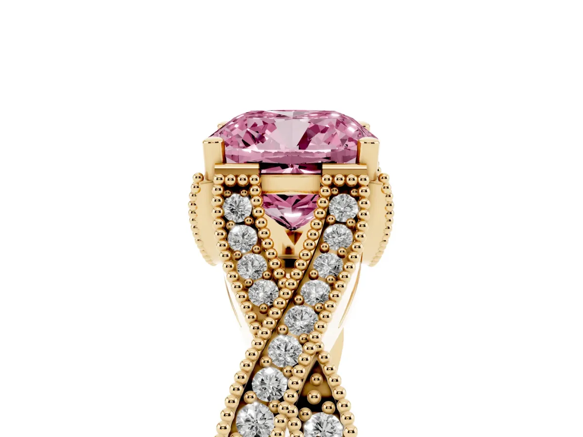 Fancy Pink Cushion Cut Cut Diamond Twisted Band with Milgrain Pave Setting and Four-Prong Setting Yellow gold