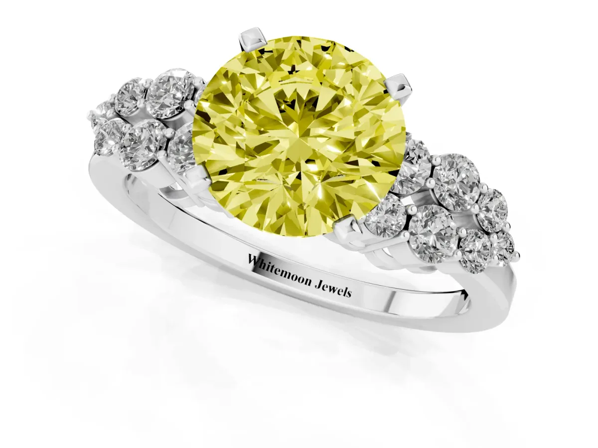 Fancy Yellow Round Cut Cluster Diamond Engagement Ring with Pavé Band and Four-Prong Setting White gold