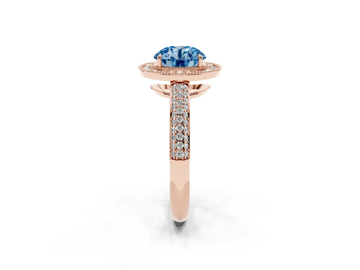 Fancy Blue Round Cut Cut Halo Diamond Pave Band with Four-Prong Setting Rose gold