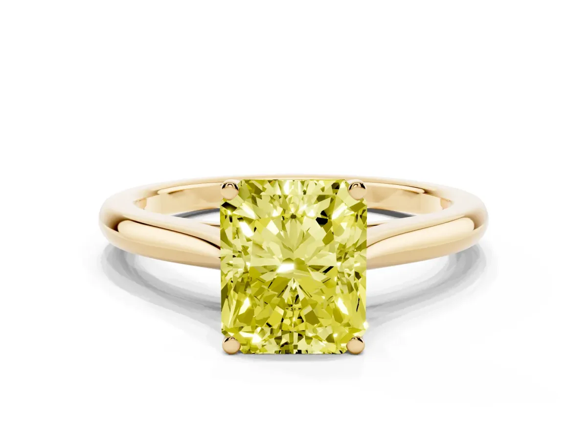 Fancy Yellow Radiant Cut Cut Solitaire Ring with Cathedral Band and Four-Prong Setting Yellow gold
