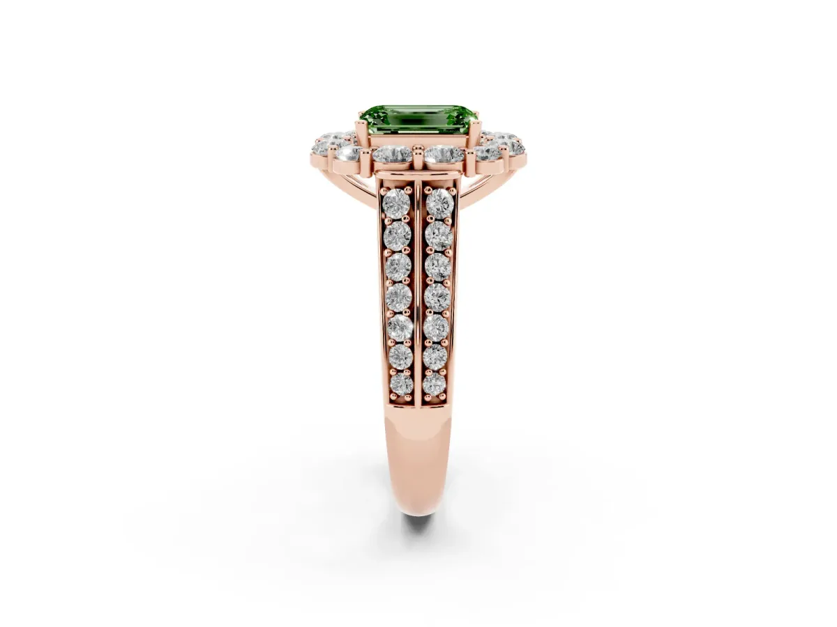 Fancy Green Emerald Cut Halo Diamond Engagement Ring with Split Shank and Prong Setting Rose gold