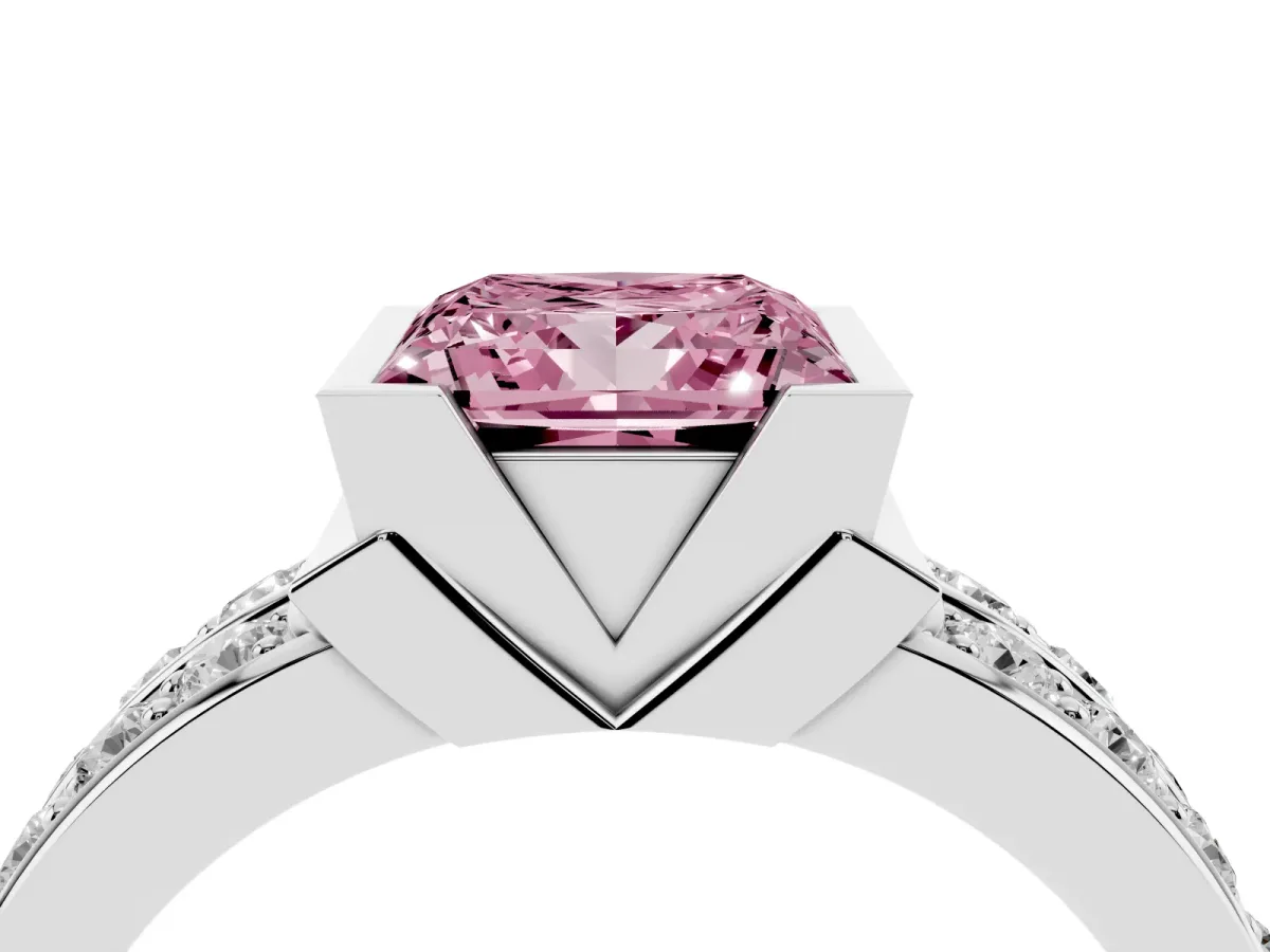 Fancy Pink Princess Cut Brilliant Diamond Channel Set Wide Band Ring with Bezel Setting Silver