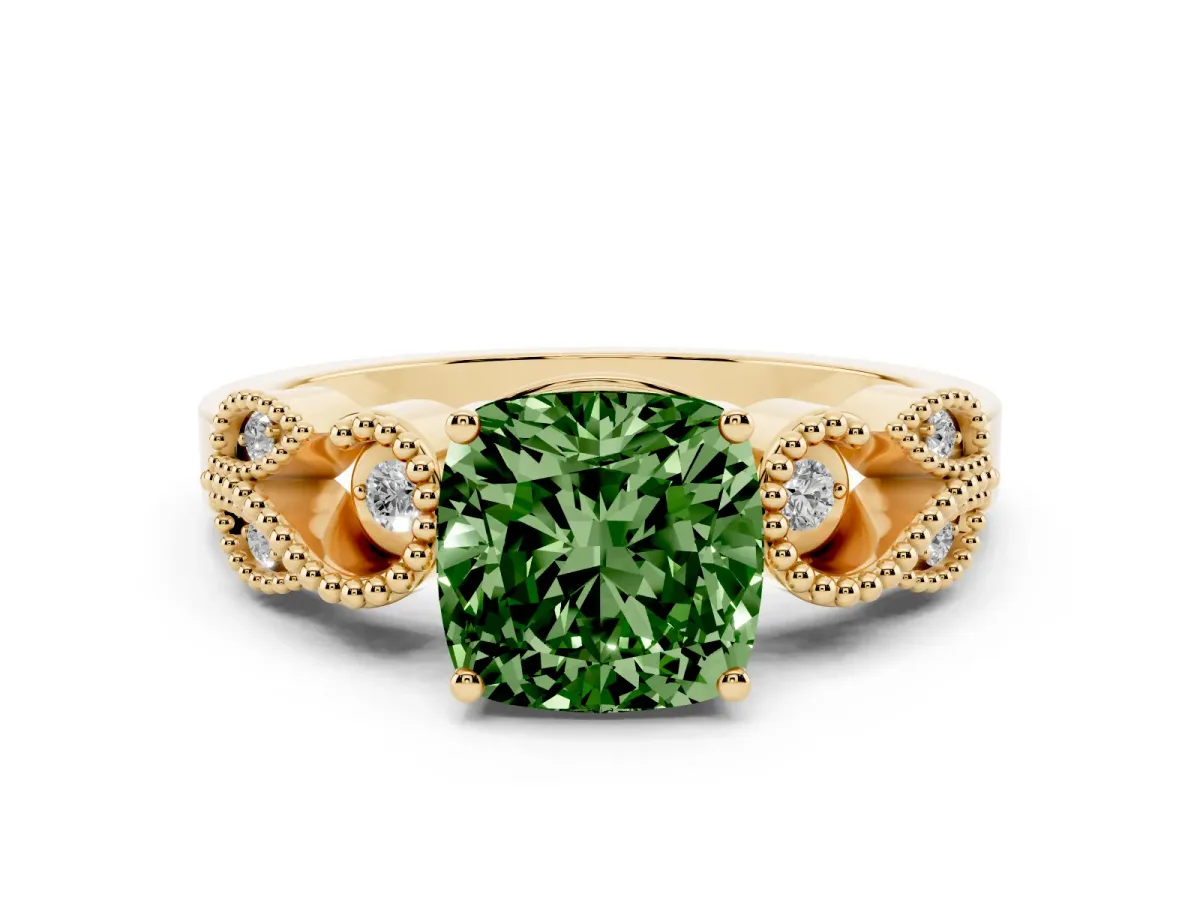 Fancy Green Cushion Cut Solitaire Milgrain Leaf Band with Prong Setting Yellow gold