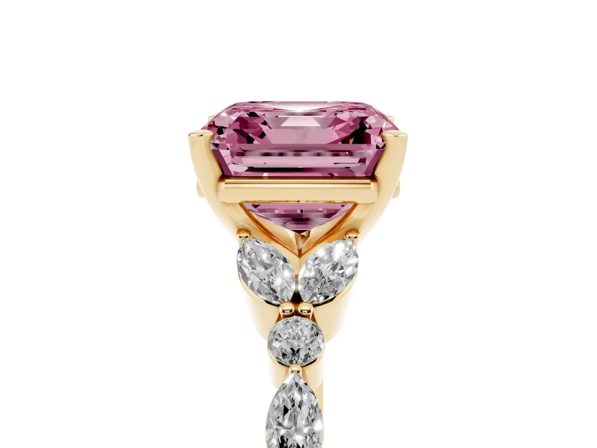 Fancy Pink Asscher Cut Diamond Solitaire Ring with Side Stones and Four-Prong Setting Yellow gold