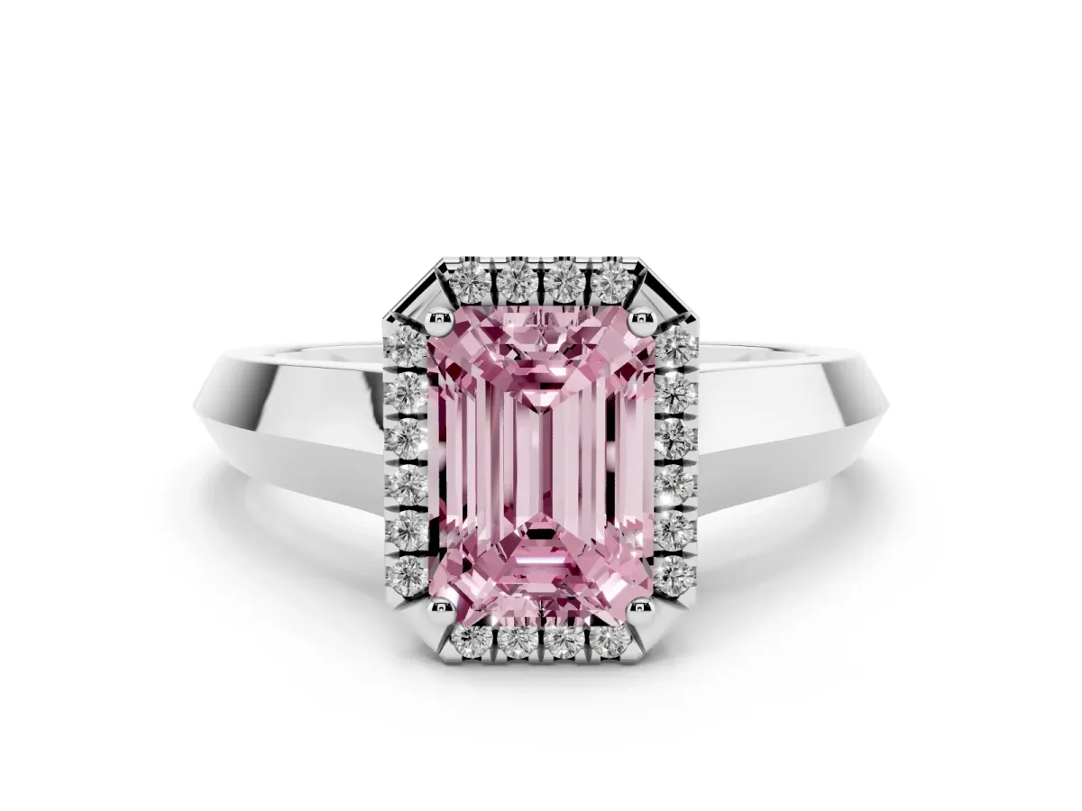 Fancy Pink Emerald Cut Halo Diamond Ring with Cathedral Band and Four-Prong Setting Silver