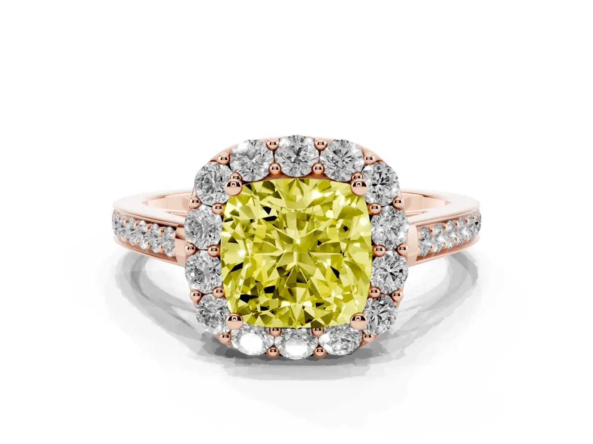 Fancy Yellow Cushion Cut Diamond Floral Halo Ring with Pavé Band and Prong Setting Rose gold