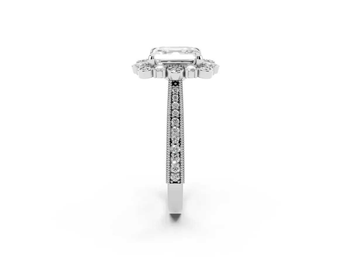 Asscher Cut Halo Milgrain Pave Diamond Ring with Four-Prong Setting Silver