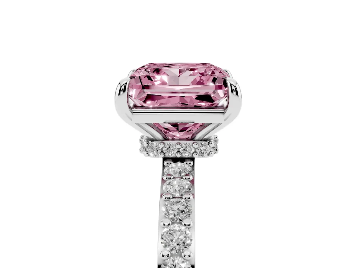Fancy Pink Princess Cut Diamond Solitaire Engagement Ring with Pavé Band and Four-Prong Setting Silver