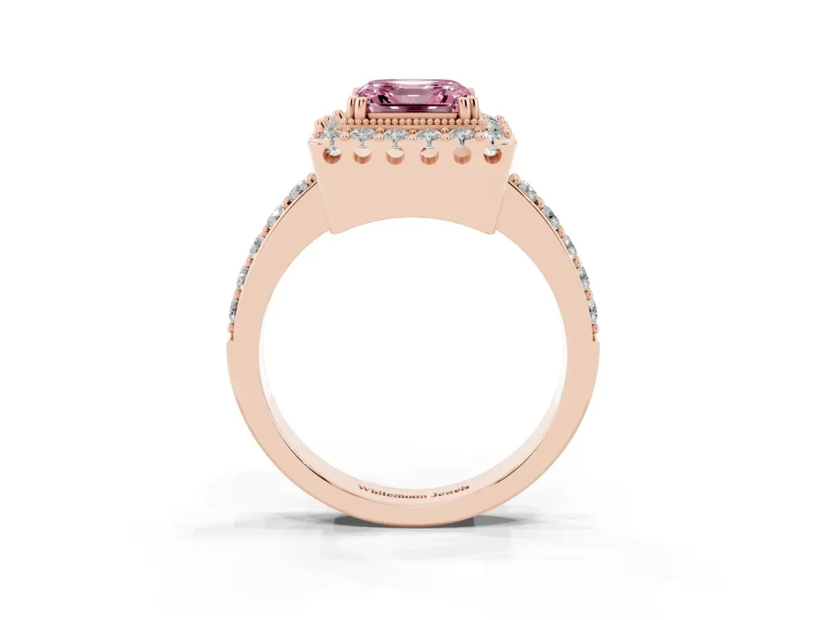 Fancy Pink Asscher Cut Diamond Halo Ring with Pavé Band and Prong Setting Rose gold