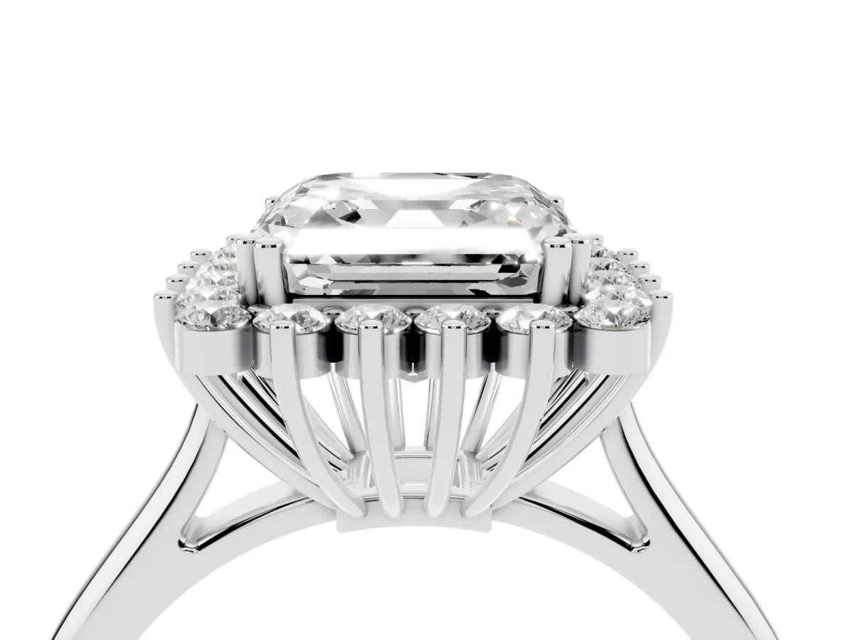Asscher Cut Cut Diamond Halo Ring with Solitaire Band and Prong Setting Silver