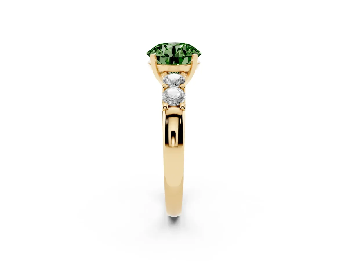 Fancy Green Round Cut Brilliant Cut Diamond Five-Stone Prong Set Engagement Ring with Channel Band Yellow gold