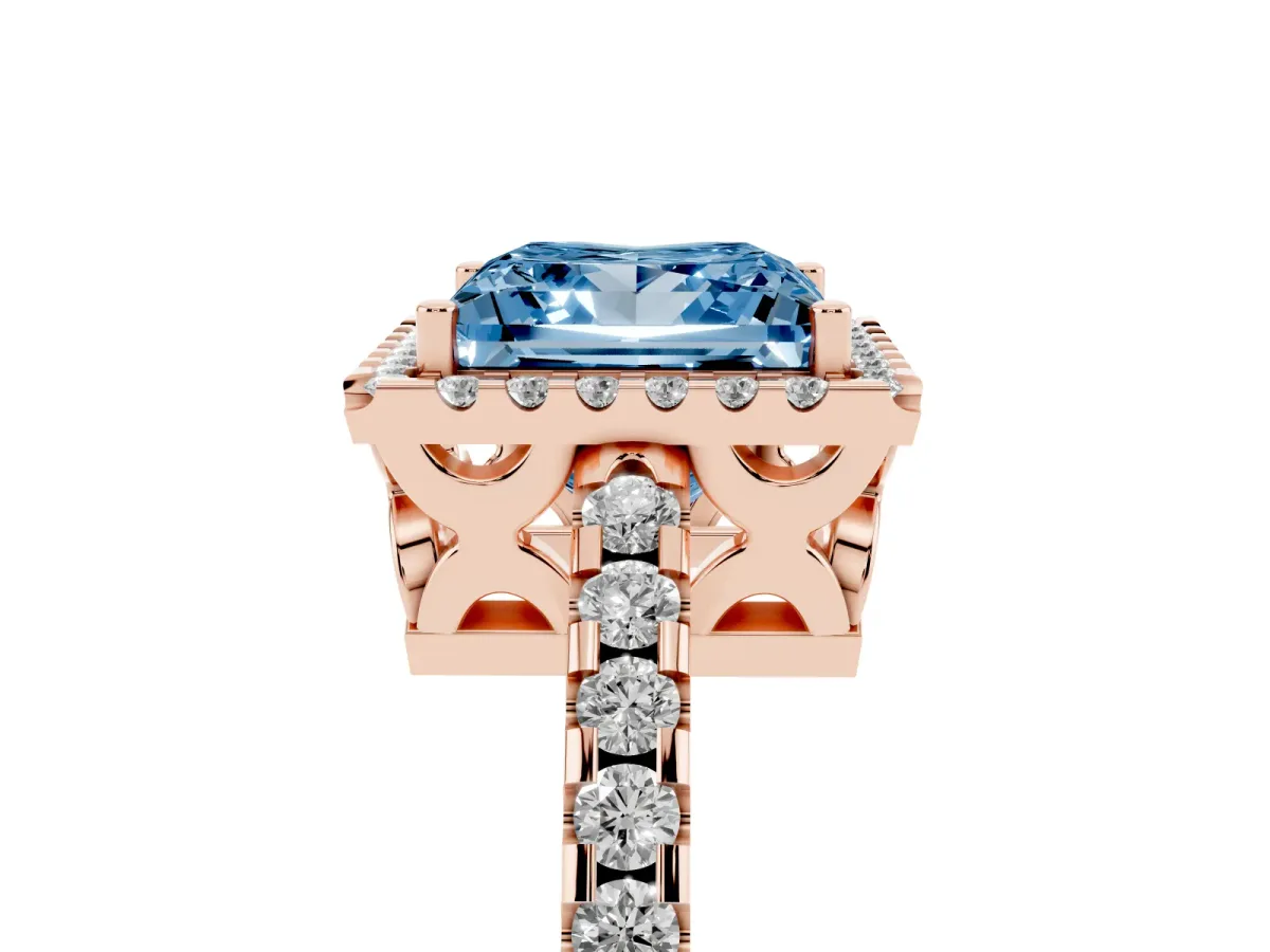 Fancy Blue Princess Cut Diamond Halo Engagement Ring with Pavé Band and Prong Setting Rose gold