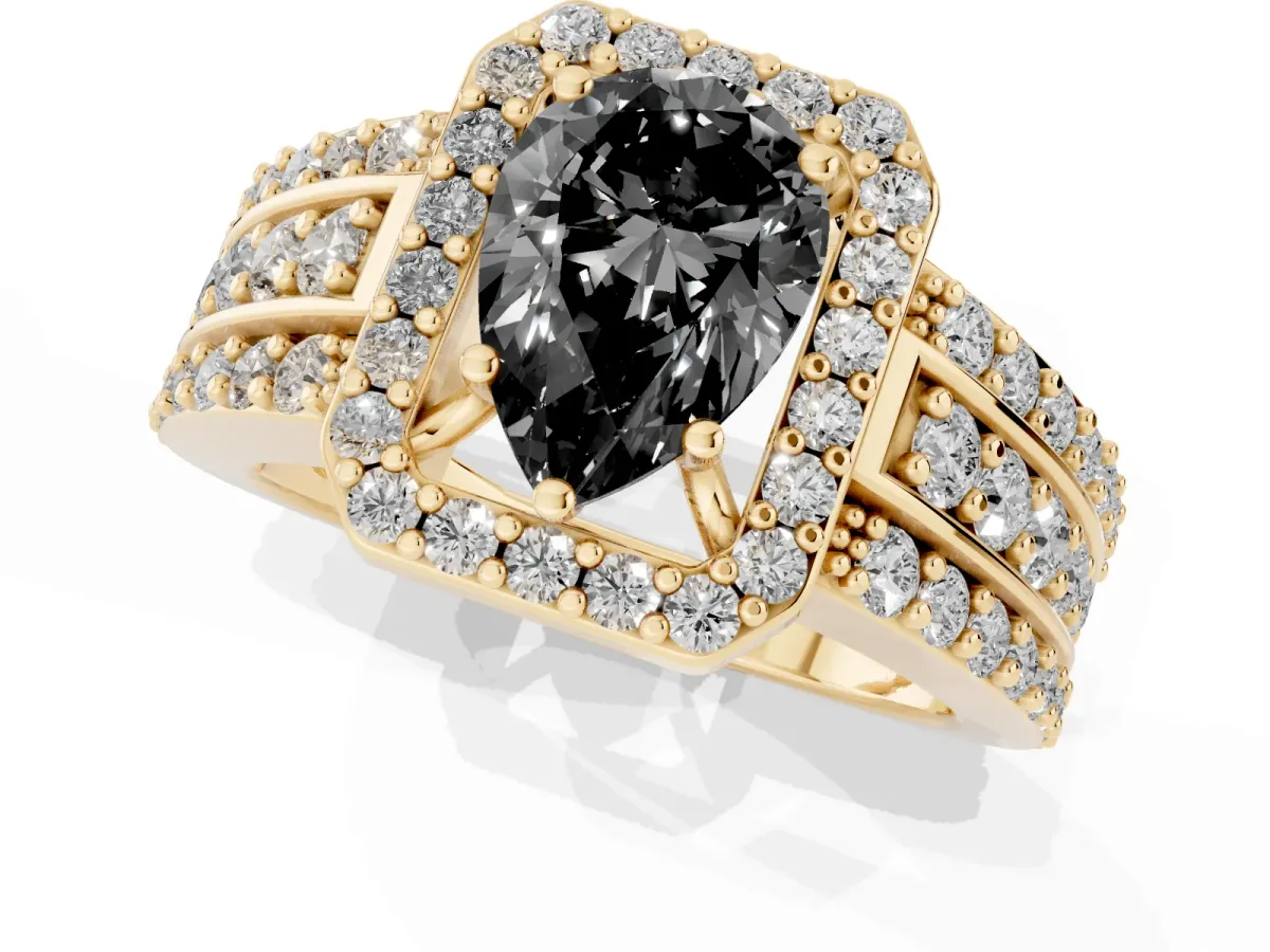 Fancy Black Pear Cut Halo Diamond Ring with Round Split Shank and Prong Setting Yellow gold
