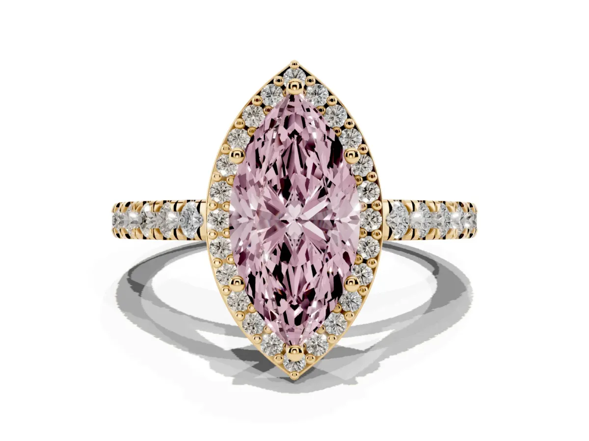 Fancy Pink Marquise Cut Cut Halo Diamond Engagement Ring with Pave Band and Four-Prong Setting Yellow gold