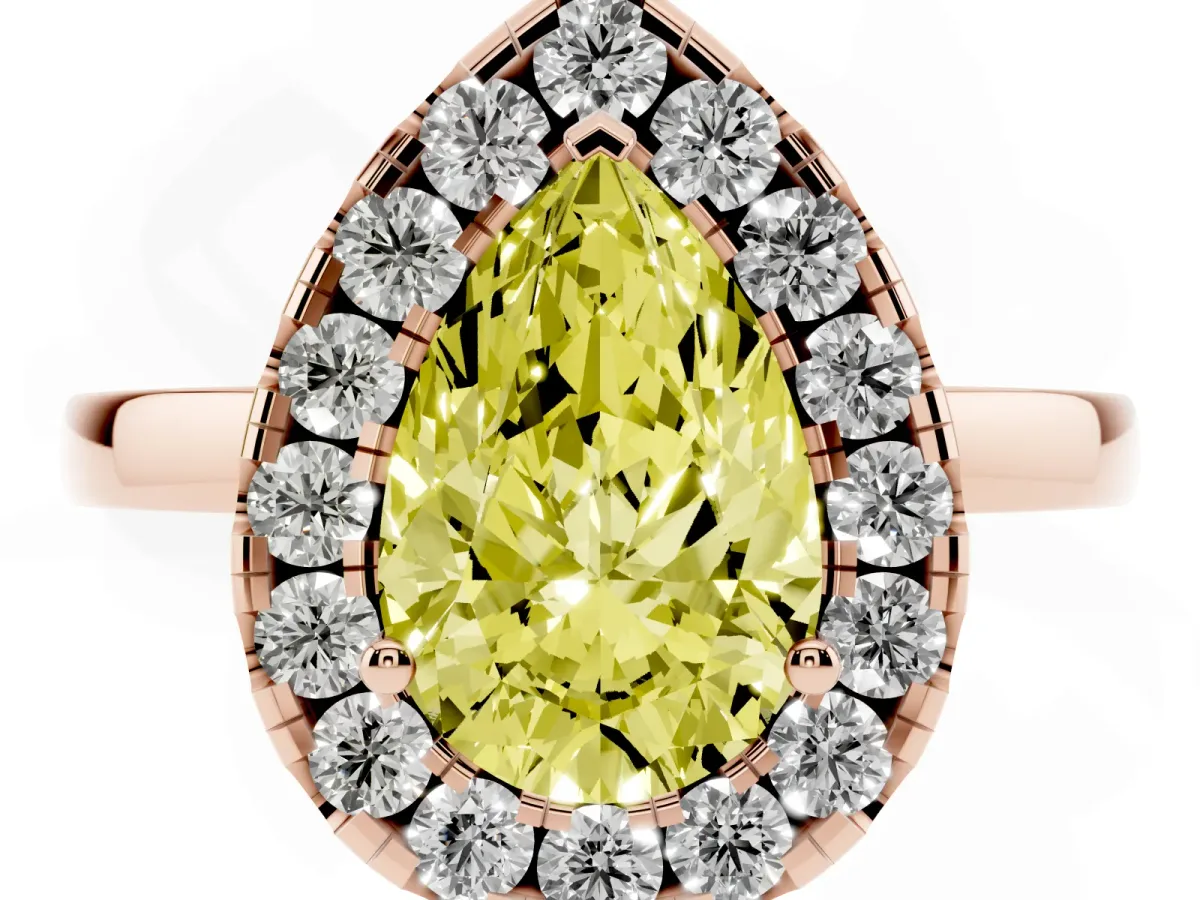 Fancy Yellow Pear Cut Halo Diamond Solitaire with Pavé Band and Four-Prong Setting Rose gold