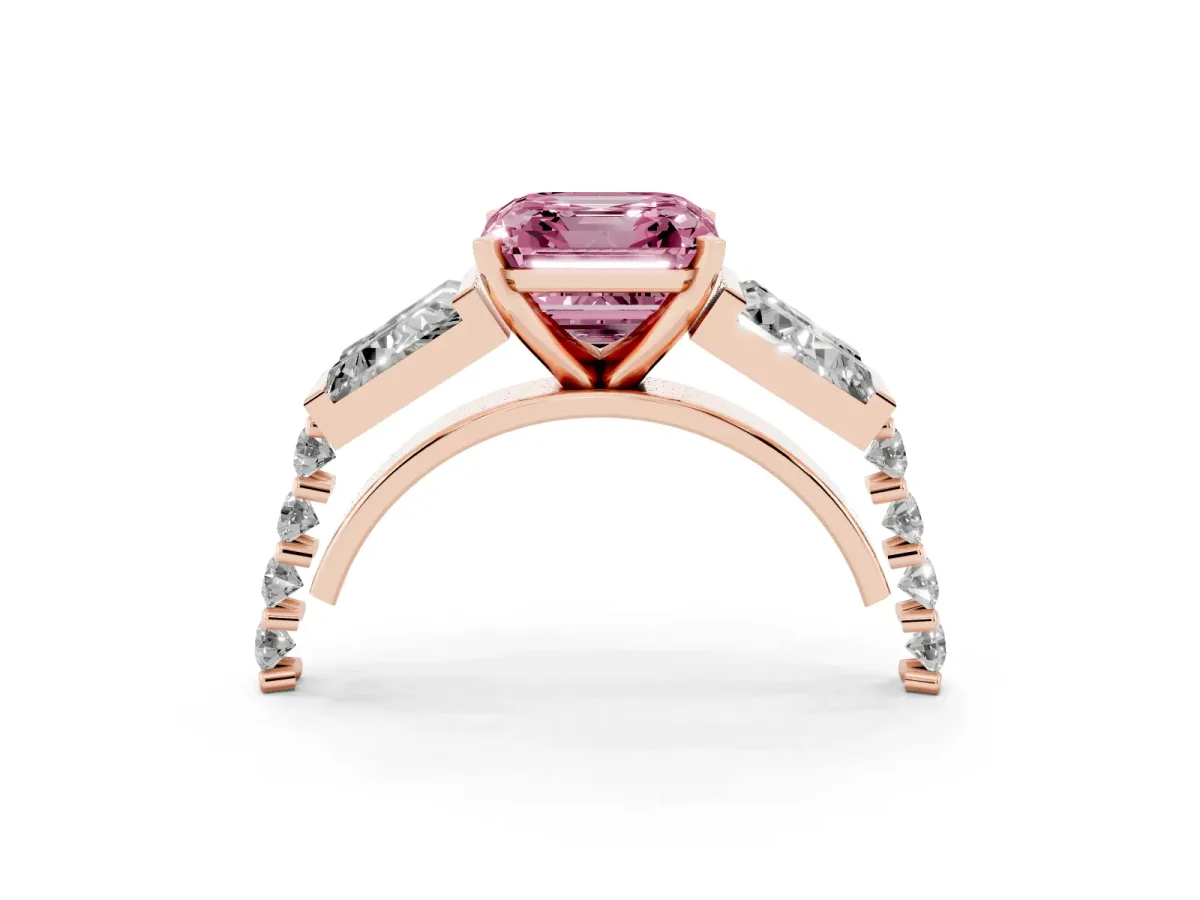 Fancy Pink Asscher Cut Diamond Engagement Ring with Baguette Side Stones and Channel Set Band Rose gold