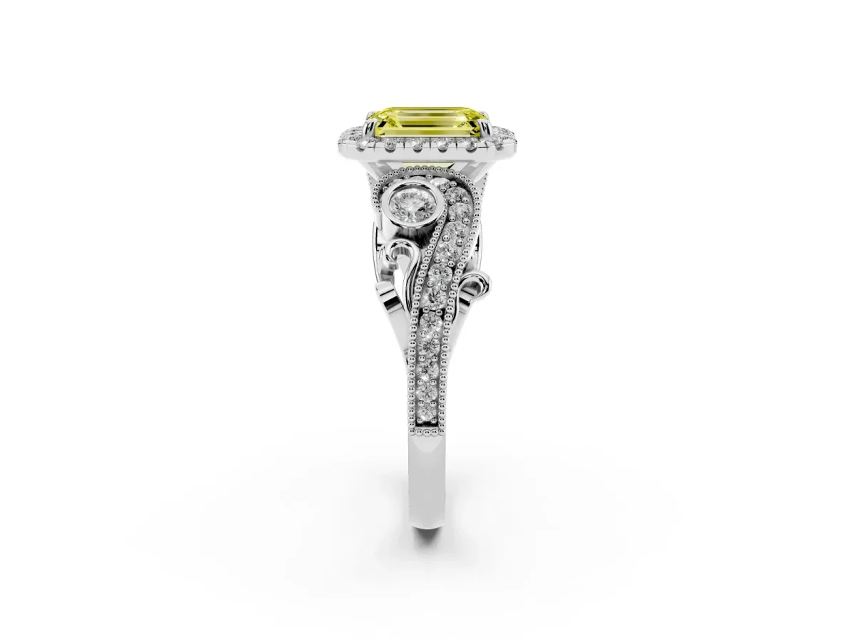 Fancy Yellow Emerald Cut Diamond Halo Ring with Milgrain Pavé Band and Four-Prong Setting White gold