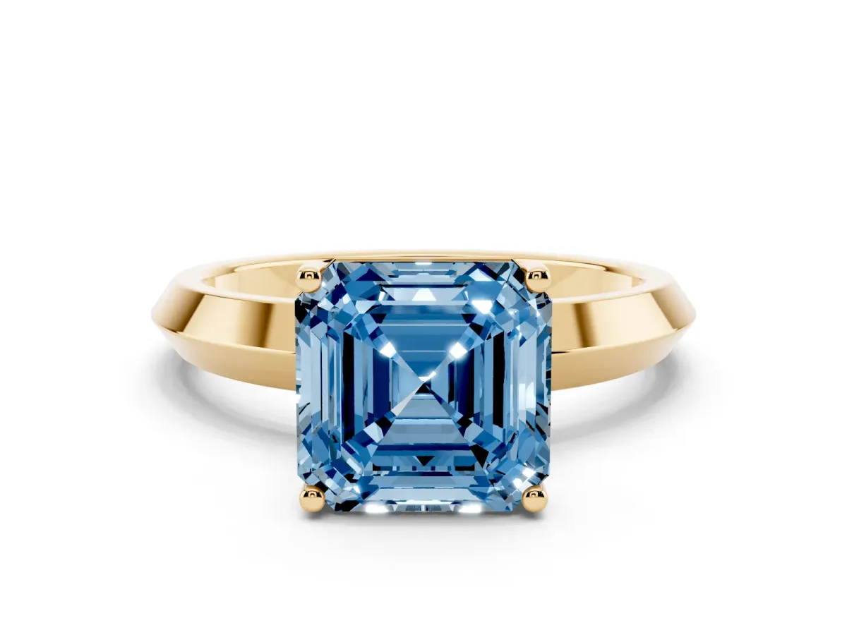 Fancy Blue Asscher Cut Cut Solitaire Engagement Ring with Flat Band and Four-Prong Setting Yellow gold
